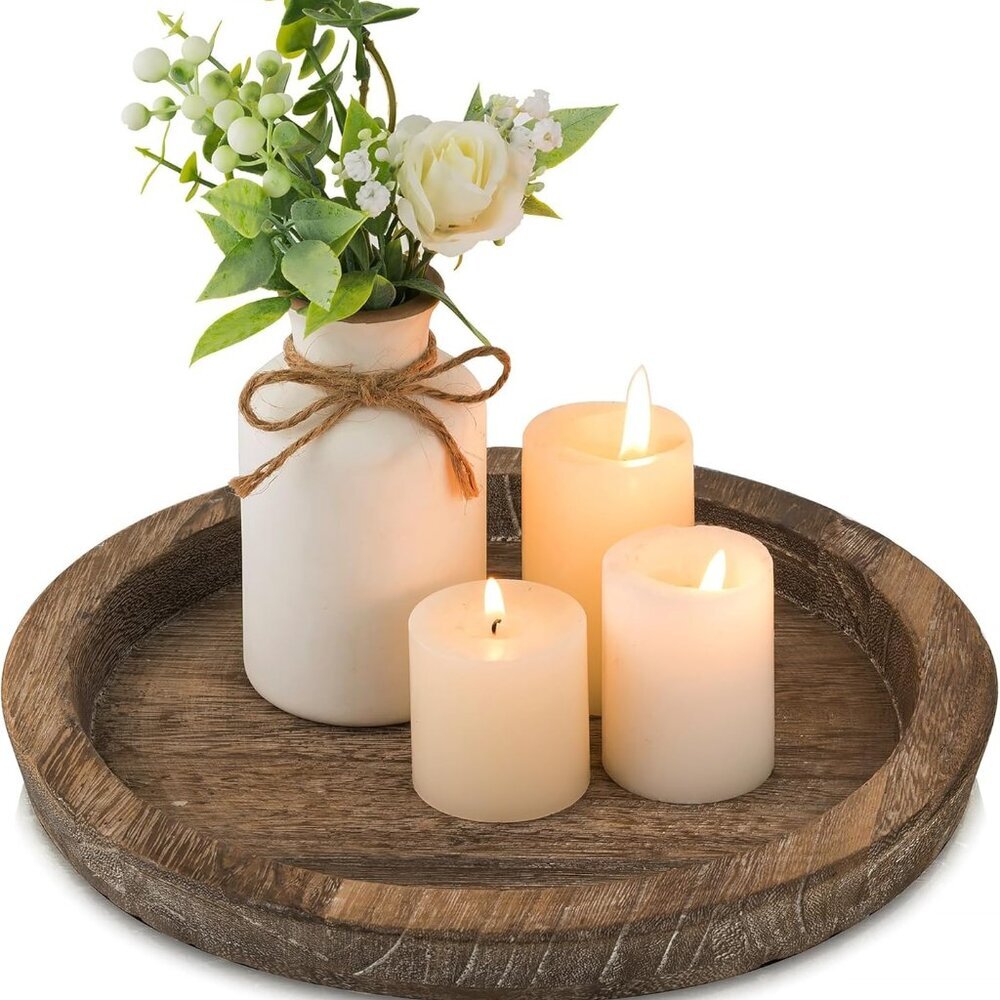 Candle Plate Holder Tray: Round Wooden Decorative Candle Plate Small Farmhouse T